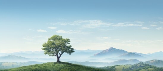 Poster - Mountain landscape with solitary tree in the distance isolated pastel background Copy space