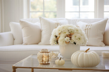 White and gold home autumn decoration. Flowers stand in a vase on the table next to the luxury sofa. Elegant home decor. Generative AI