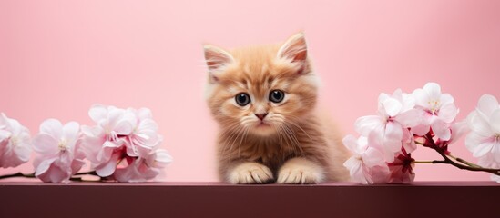 Poster - Scottish Kitten with red fur isolated pastel background Copy space