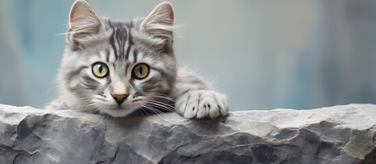 Poster - Close up portrait of a gray cat with green eyes on stone isolated pastel background Copy space