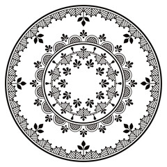 Wall Mural - Scandinavian and Nordic floral mandala vector embroidery folk art style - perfect for plate decor, greeting card or wedding invitation in black and white
