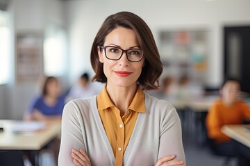 Portrait of smiling female Caucasian teacher in a class at elementary school looking at camera with learning students on background.