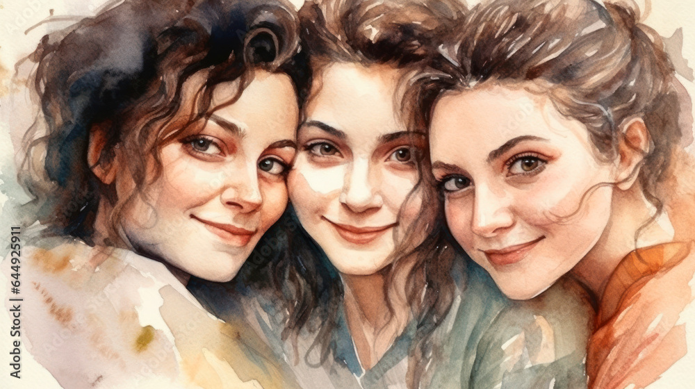 Watercolor Painting Portrait of Three Women in Curlers Hugging in Friendship