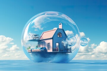 home in bubble floating on sky clear style.