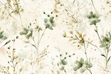 Seamless Minimalistic Watercolor Pattern: Wildflowers And Herbs. AI Generated