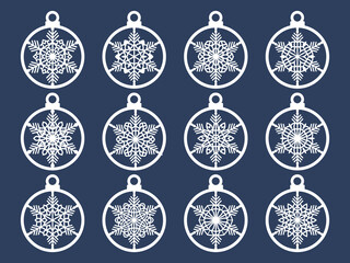 Poster - Set of laser cut Christmas balls with snowflake cutout of paper Sample Template for Christmas card, invitation for Christmas party For laser or plotter cutting printing serigraphy	