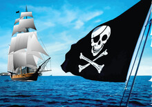 Pirate Flag And Sailboat On The Background Of The Sea, 3d Vector Color Illustration