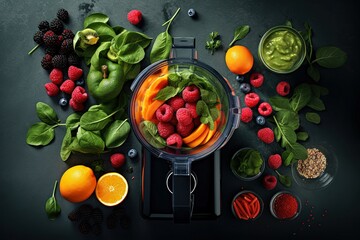 Top view of a blender and fresh fruits and vegetables on a kitchen table