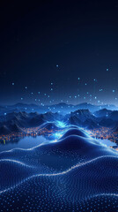 Poster - Data technology and communication futuristic illustration. Wave of bright particles. Technological 3D landscape. Big Data visualization. Network of dots connected by lines.