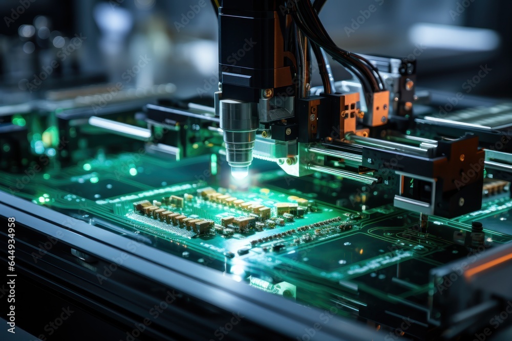 Robot automatic in Print circuit board (PCB) assembly microchip Factory, Generate with AI