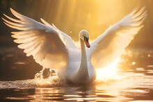 Beautiful Swan With Spread Wings On Gentle Sunlight