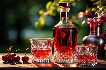 close up Cherry brandy in luxury glass bottle with glass and cherry, outdoor with cherry flower blossom, Generative Ai