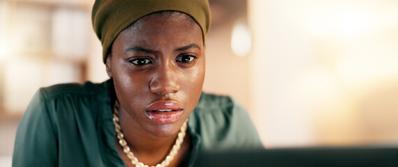 Canvas Print - Reading, research and confused with a business black woman in her office, typing an email or report. Schedule, report and review with a female employee working online on a project agenda