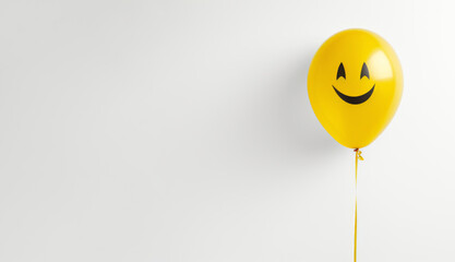 Yellow balloon with a smiley face on white background, copy space