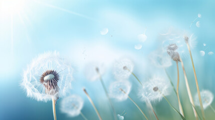 Wall Mural - Dandelion blowing in the breeze, soft lighting, pastel colours, sunny day.