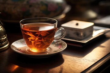 Poster - A cup of tea in a saucer on the table.