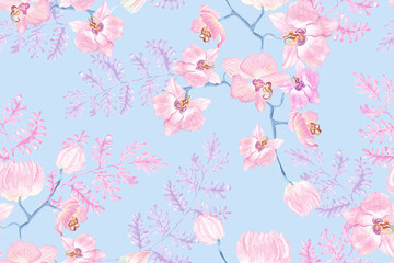  Seamless pattern, pink orchid on pastel blue lace background.Designed with floral patterns painted with watercolors with elegant patterns.Orchid Bouquet.