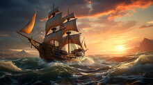 Sailing Ship At Sunset.  Illustration On The Theme Of History And Adventure, Travel And The World. Generative AI