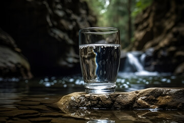 Wall Mural - Glass with water agaainst the background of a waterfall against the sky, health concept