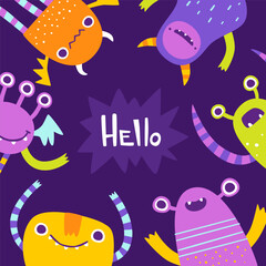 Wall Mural - Cute monster frame border template for kids. Cartoon vector banner with funny colorful monsters.