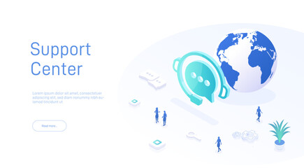 Support service concept or call center in isometric vector illustration. 24-7 round the clock or nonstop customer support background. Mobile self-service layout template for web banner.