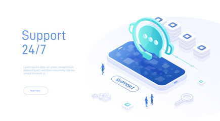 Support service concept or call center in isometric vector illustration. 24-7 round the clock or nonstop customer support background. Mobile self-service layout template for web banner.