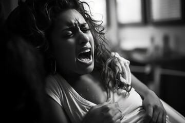 Poster - Black and white photograph of a woman screaming in pain.