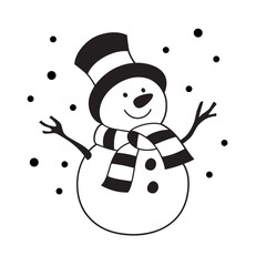 Vector black and white illustration. Cute white snowman cut out on white background.