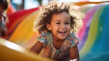 Young Child Sliding Down A Colorful Slide With A Big, Joyful Smile.