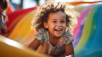 Young child sliding down a colorful slide with a big, joyful smile.