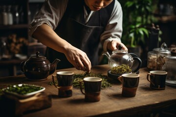 Poster - Asian man making tea.