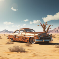 Old abandoned and rusted car in the desert. Some parts of the car have started to rot and come off the body.