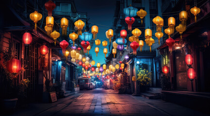 Wall Mural - large wooden lanterns hanging in street lanterns