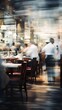 © goami - crowded restaurant with people dining and waiters, bartender and chefs working, blurred motion, generative AI