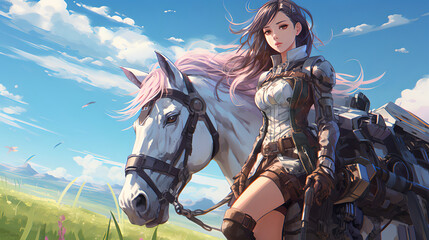 Wall Mural - anime warrior  girl, a riding a horse 1 , AI Generative