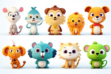  Set of characters of small cartoon animals isolated on white background