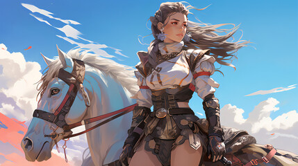 Wall Mural - anime warrior girl, a riding a horse 2 , AI Generative