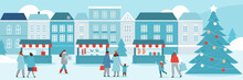 Winter Shopping Concept. Happy People Walking On Christmas Market Streets In Old Town And Buying Holiday Gifts In Souvenir Kiosks. Vector Illustration.