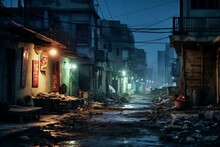 Night Street Slum, Deteriorated Homes, Aging Structures With Lit Windows, Crosswalk, Lighting, Traffic Signal. Generative AI