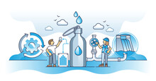 Water Conservation And Reuse Management To Save Resources Outline Concept. Waste Awareness And Effective Drinkable Water Filtration With Quality Control Vector Illustration. Drink Clean Tap Water.