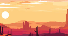 Desert Landscape Abstract Art Background. Texas Western Mountains And Cactuses. Vector Illustration Of Wild West Desert With Red Sky And Sun. Design Element For Banner, Flyer, Card, Sign Template.
