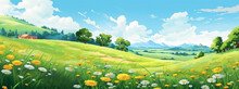 Cartoon Summer Field Landscape. Blue Sky With Clouds, Sunny Day On The Meadow Full Of Flowers And Trees On The Background. 