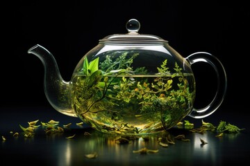 Poster - Glass teapot with herbal tea on a black background.