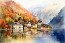 Watercolor artwork of Hallstatt mountain village at Hallstatt Lake in Austria, Europe. Generative AI
