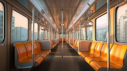 Tram interior with empty seats in public city transport