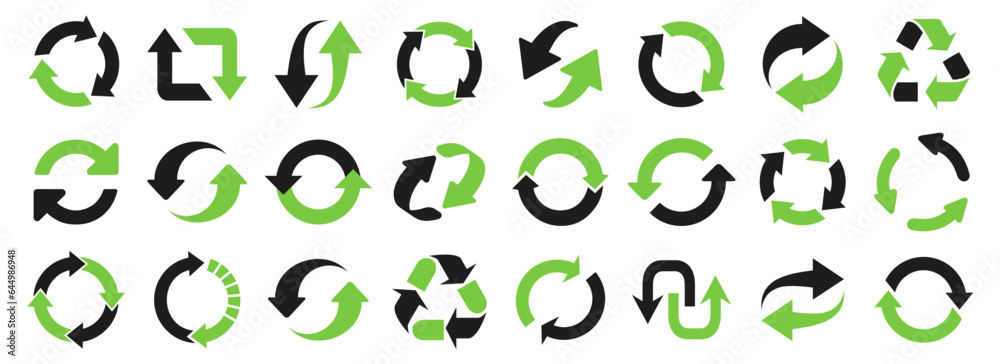 Green and black circular arrow icon collection. Upload, recycling ...