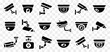 CCTV security video camera icons collection. Set of security camera icons. Black surveillance camera icons. Looking, crime, protection symbols
