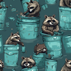 Canvas Print - Racoons vs trash cans funny cartoon repeat pattern