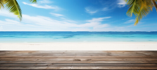 Empty wooden table with white sand calm sea bay blue sky, Beautiful summer nature vacation island in the background with copy space, blank for text ads, and graphic design.