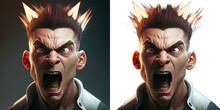 Intense, Furious Video Game Character With A Wild Expression. Isolated Avatar Portrait For Gamers Seeking Adrenaline..